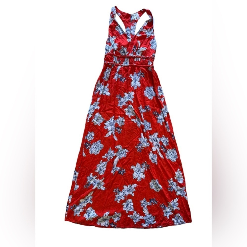Japna red floral maxi dress  small area at back and bottom elastic wais  long L